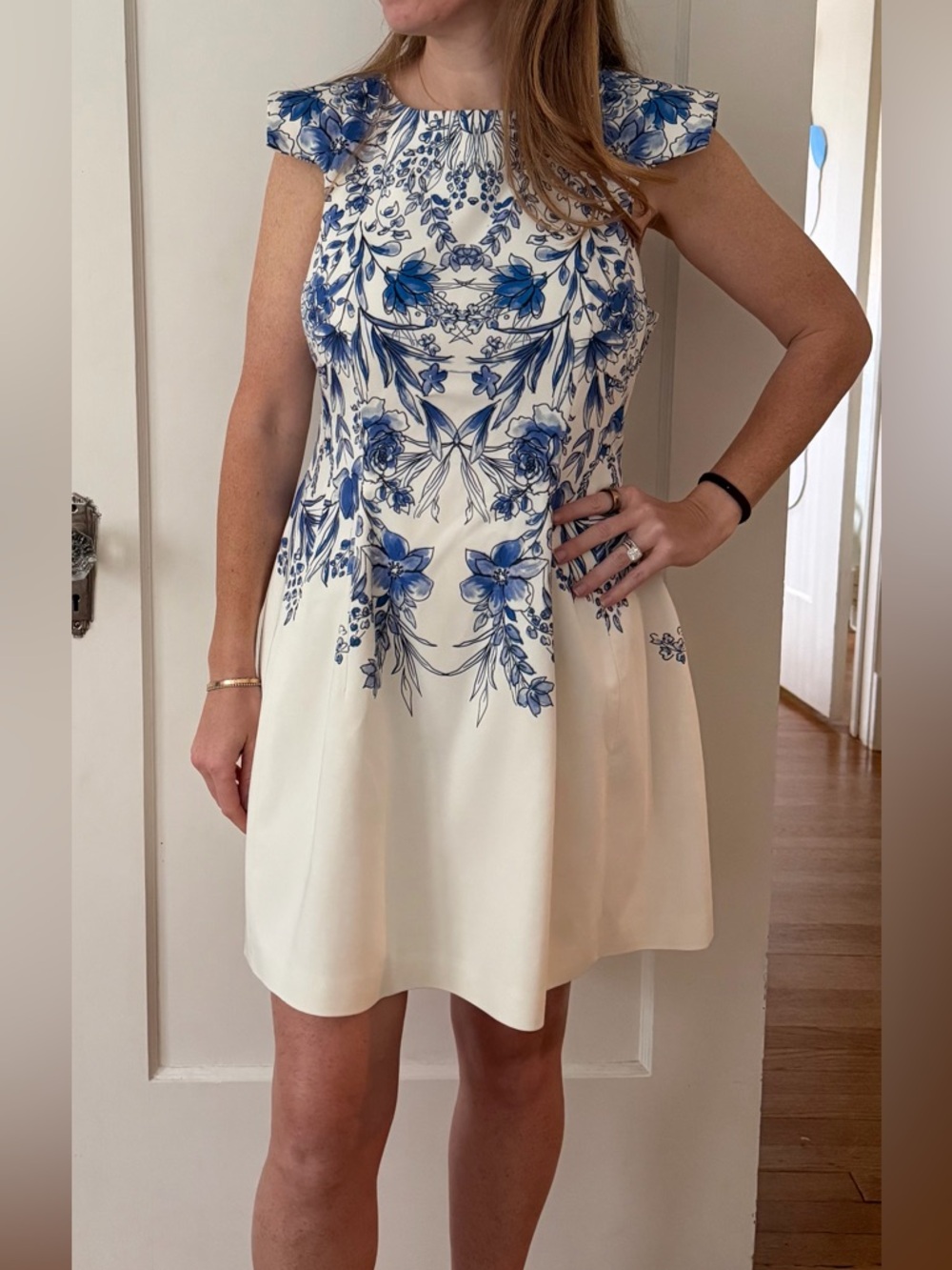 cameo White Mini Dress with Blue Floral Print and Side Cutouts